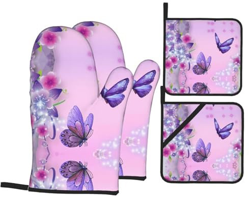 Guanti da forno e presine con farfalla viola, 4 pezzi, resistenti al calore, regalo per cucinare