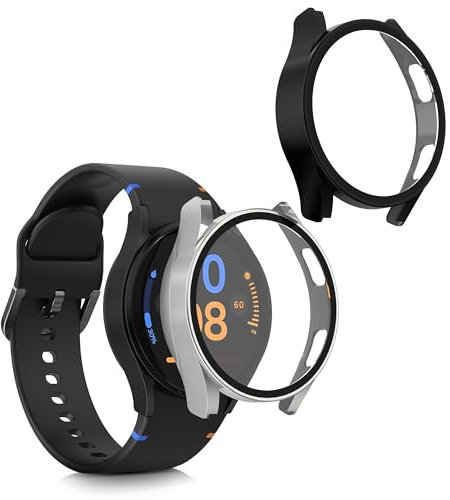 kwmobile Coque Compatible avec Samsung Galaxy Watch FE 40mm Coque - 2X Étui Cadre écran en Verre trempé pour Fitness Tracker - Noir-argenté