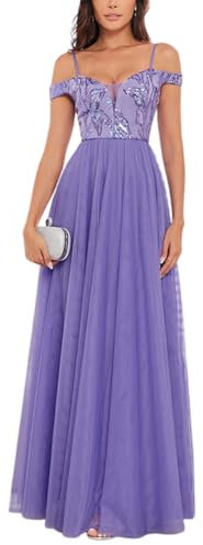 ORANDESIGNE Vestito da Sera Elegante Donna Lungo Vestiti Paillettes in Tulle Chiffon Abito Damigella d'Onore Vita Alta Formale Maxi Abiti da Cerimonia Linea ad A Stile Impero E Viola S