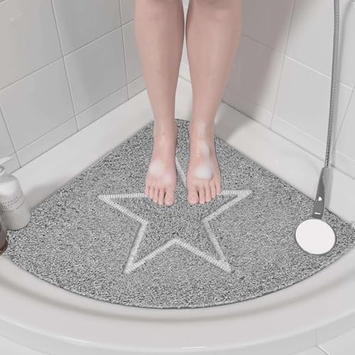 Nicoman Tapis de bain d'angle antidérapant et anti-moisissure, 60 cm, tapis de bain incurvé en luffa gris pour baignoire, toilettes, salle de bain, tapis de bain en PVC pour la famille