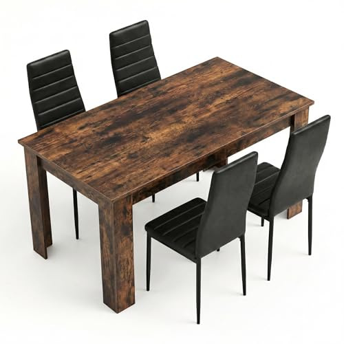 Blisswood Dining Table and 4 Chair Set, PU Leather Chairs, 17mm Thick Table Tabletop 112x80 cm, kitchen table, Modern Design Wooden dining Table Set for Home furniture (Rustic, Black Chair)