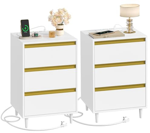 HEXCELEN Table de Chevet avec Prises, Lot de 2, Table d’Appoint avec 3 Tiroirs, 2 Prises CA, 1 Port Type-C, 1 Port USB, Tables de Nuit avec 4 Pieds，pour Chambre à Coucher, Salon, Blanc