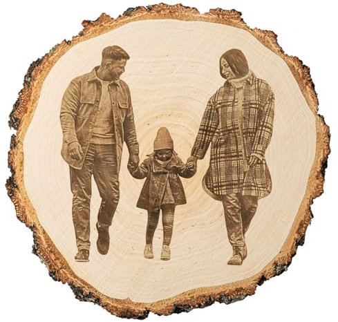 Personalisierte Baumscheibe mit Gravur, Fotogeschenk Holzscheibe (26 cm) – Lasergravur Holzbild - Holzplatte Ständer inklusive – Geschenk zum Jubiläum, Geburtstag, Hochzeit [159]