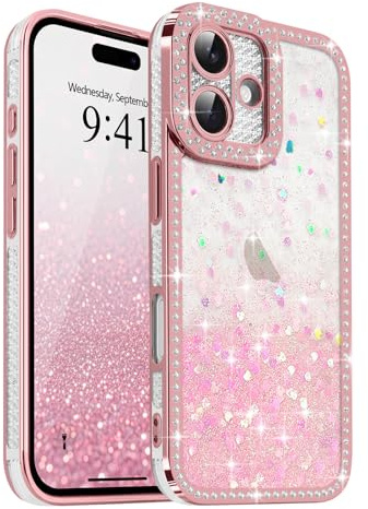 Ethanger Coque pour iPhone 16 Plus Transparente, Rose | Glitter Cœur Paillettes avec Cristal de Luxe Brillant Diamants Coque pour Femme, Housse Silicone Protection Antichoc Cover