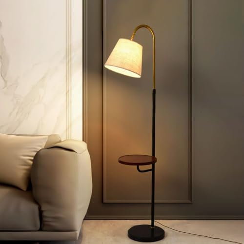 FROIDEXG Lampadaire Noir En Lin Avec Embout En Bois, Hauteur Réglable, Douille E27, Intensité Variable, Lampe Verticale Sur Pied, Lampe Haute Pour Salon, Chevet, Base En Marbre, Coin Lecture, Biblioth