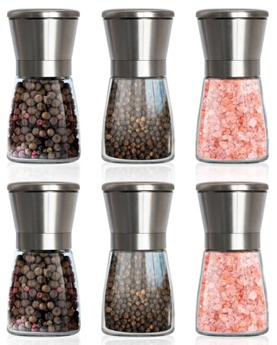 GREENSAPPIRE Gewürzmühle 6er Set Manuelle Salz- & Pfeffermühle | Edelstahl mit Keramikmahlwerk, Einstellbarem Mahlgrad & Abdeckung, Transparentes Design für Pfeffer (Edelstahldeckel 180ML)