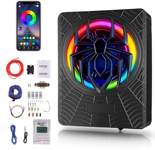 Hodozzy Subwoofer Attivo per Auto da 1200W 10 Pollici, Set Subwoofer e Amplificatore Ultrapiatto ad Alta Potenza da Posizionare Sotto il Sedile con Luce RGB Sincronizzata al Ritmo
