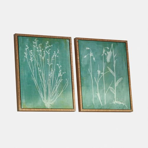 Loberon Lot de 2 tableaux Delviane - Plantes en filigrane - Cadre étroit en bois de sapin - Décoration murale - Polyester - Bleu/vert
