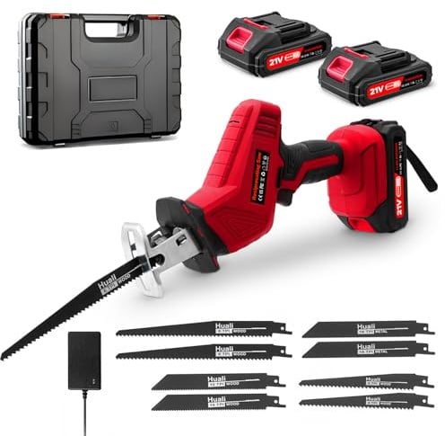 Viugreum Sierra Sable Inalámbrica 21V, Sierra Recíproca Velocidad Variable 0-4000 RPM, Sierras Alternativa de 2 Baterías 2.0Ah, Motor sin Escobillas, Luz LED, 8 Hojas para Madera y PVC, Rojo