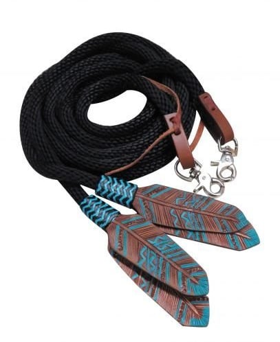 Showman 8' Round Braided Nylon Split Reins w/Teal Painted Feather Poppers