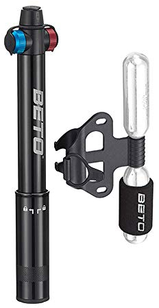 Mini-Fahrradpumpe mit CO2-Inflator – Dual-Modus-Handpumpe / CO2-Ventil – tragbare Fahrrad-Reifenpumpe, patentiertes automatisches Umschalten, Doppelkopf-Passform, Presta/Schrader (CO2-008A-US)