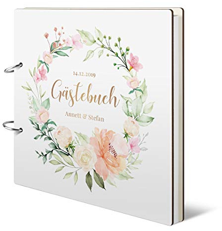 Personalisiertes Hochzeit Gästebuch 215x215mm inkl. 72 Blatt / 144 Naturpapier Blanko Innenseiten, Weiß Gold Blumen Motiv, individueller farbintensiver UV-Druck - Blumengold