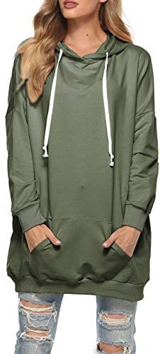 Famulily Damen Oversized Hoodie Kleid Baumwolle Lang Sweatshirt mit Kapuze Einfarbige Kapuzenpullover und Taschen und Kordelzug