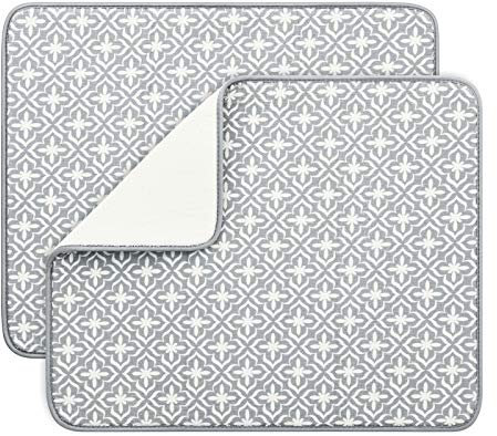 SUBEKYU Lot de 2 tapis de séchage à vaisselle pour comptoir de cuisine, tapis d'égouttoir à vaisselle absorbants en microfibre pour évier, 49,5 x 40,1 cm, gris, feuille