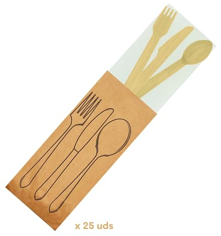 Cubiertos Desechables de Madera | Juego de Cubiertos de Madera Desechables | Set de Cuchillo, Cuchara y Tenedor Desechables, de 16 cm + Servilleta, en Bolsa Individual, 25 uds.