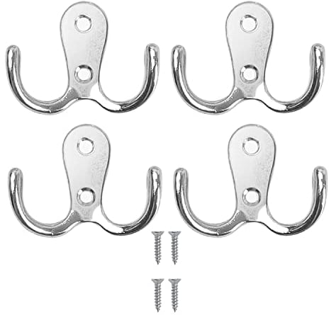 Double Prong Coat Hook Robe Hooks Dual Coat Hooks Wall Mounted Hanging Clothes Metal Door Hooks for Bathroom Bedrooms Hanging Clothes Robe Towel Kitchen (Sliver) - 4PCS