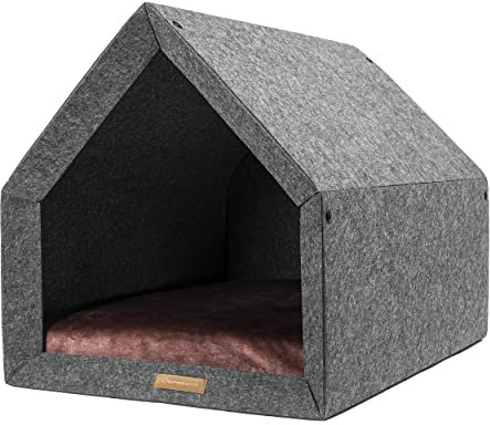 Rexproduct - PetHome Hundehütte mit Liegefläche und Dach I Biss- und Kratzfest I Gute Schalldämmung I Umweltfreundlich & Einfach zu Montieren I Größe S (60x42x43 cm) - Dunkelgrau und Rot