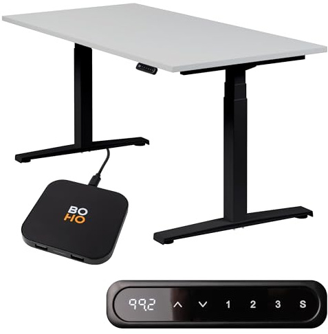 boho office® Höhenverstellbarer Schreibtisch 120 x 80 cm - Elektrisch stufenlos, inkl. Wireless Charger, Memoryfunktion, Kollisionsschutz - Basic Line Schwarz inkl. Tischplatte in Lichtgrau