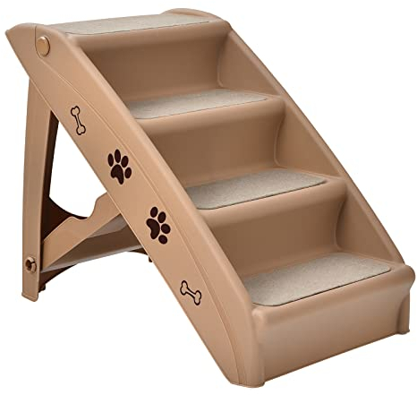 COSTWAY 4-stufige Haustiertreppe mit Teppichboden, Hundetreppe Kunststoff Katzentreppe faltbar, Hunderampe tragbar Tiertreppe für Hunde und Katzen, Tierrampe zum Klettern und Kratzen (Braun)