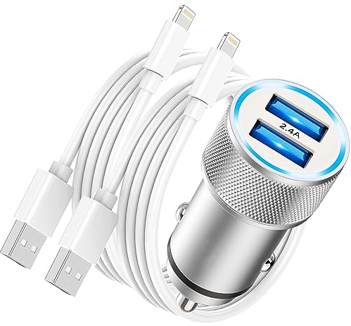 Poukey iPhone Car Charger Adapter [Apple MFi Certified], Dual USB Car Charger for iPhone 14/12/11/XS/X/8/7/6/SE, Fast Charging with 2x Lightning Cable