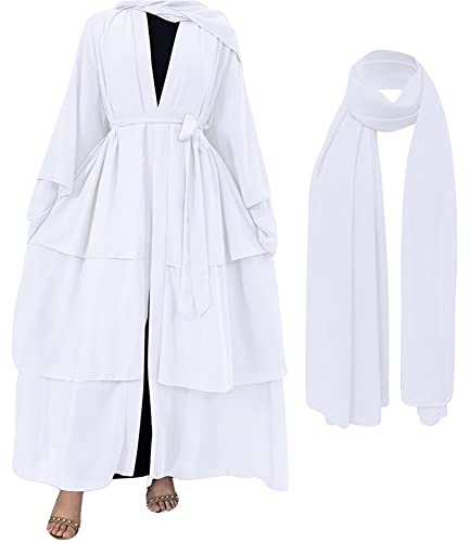 OBEEII Damen Muslimischer Strickjacke Muslimische Robe mit Hijab Muslimische Islamische Kaftan Kleid in Voller Länge Ausgestellte Lose MaxiKleid Robe Schlanke Passform Weiß S