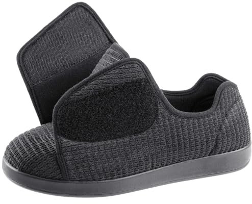 Ravelier Chaussons confortables pour homme avec coupe large, semelle antidérapante et fermeture Velcro réglable, gris foncé, 44 EU Large