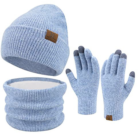 ZASFOU Damen Winter Beanie Mütze Schal Touchscreen Handschuhe Set Warme Wintermütze Loop Schal Schlauchschal Winterhandschuhe Weihnachten Geschenk für Frauen,Hellblau