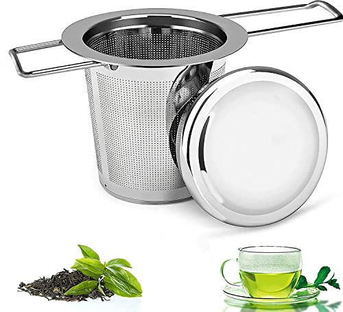 SKENGWEL Tea Strainer, 304 Stainless Steel Tea Strainer for Loose Tea with Lid and Foldable Handles, for Most Tea Cups and Tea Bowls, Dishwasher Safe