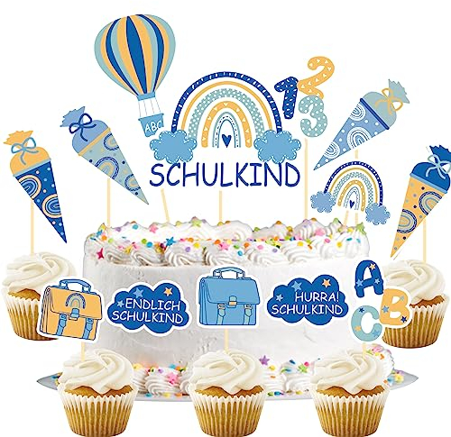 Tortendeko Einschulung Junge, 13Pcs Cake Topper Schulkind Kuchendeko Schulanfang, Zuckertüte ABC 123 Kuchen Deko, Endlich Schulkind 2023 Junge Geschenke Einschulung