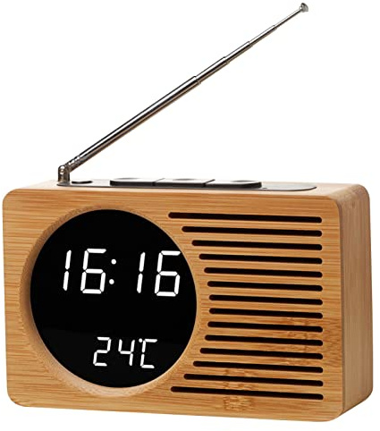 ERYUE Reloj Despertador de Madera Retro Multifuncional con Radio de cabecera, Radio Reloj con Pantalla Digital de Alta definición,Reloj de Radio Multifuncional