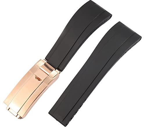 AEMALL Uhrenarmband für Rolex SUBMARINER YachtMaster DAYTONA Silikon Wasserdichtes Uhrenarmband Uhrenzubehör Gummi Uhrenarmband Kette Uhrenschnalle mit Logo (Farbe: Schwarz-Roségold, Größe: 20 mm)