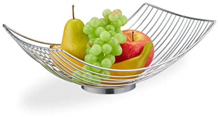 Relaxdays Frutero Metálico, Cesta Frutas Geométrica, 11,5x32,5x24 cm, Bol de Rejilla Fruta y Verdura, Moderno, Plateado