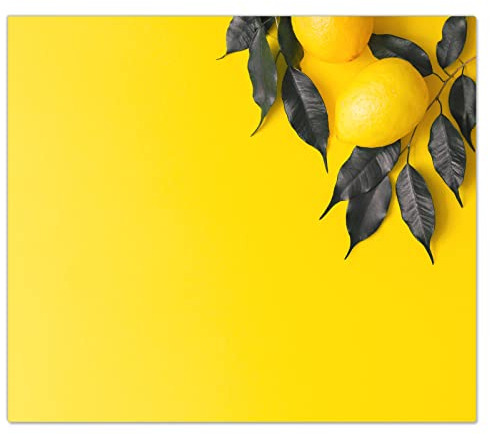 DecoCat Glas-Herdabdeckplatte Ceranfeld Kochfeldabdeckung Herdabdeckung Induktionsschutz Schneideplatte 60x52 cm Einteilig Zitronen Blätter Gelb