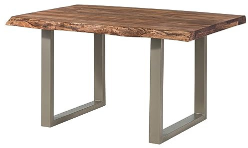 MASSIVMOEBEL24.DE | Freeform 5 - Baumtisch aus Sheeshamholz - grau gebeizt | + U-Beine in Silber matt | 140x90x77 | Massivholztisch Baumkantentisch Esstisch