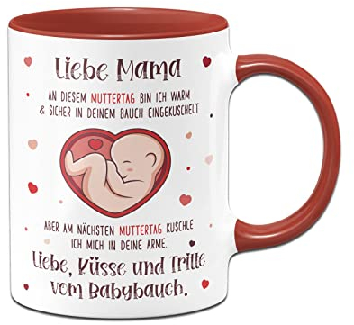 Tassenbrennerei Keramik, Tasse - Liebe Mama diesen Muttertag bin noch in deinem Bauch - Muttertagsgeschenk in der Schwangerschaft für werdende Mütter - Kaffeetasse mit Spruch (Rot)