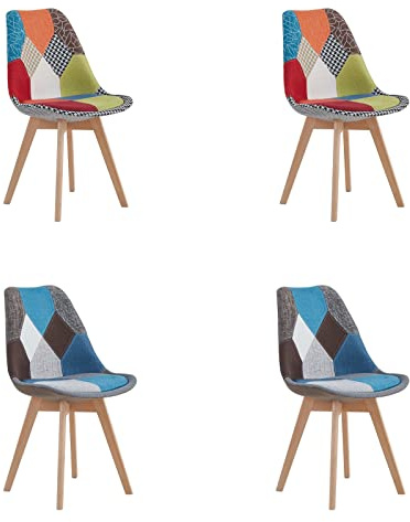 HJhomeheart Set aus 4 Esszimmerstühlen aus Patchwork-Stoff mit abnehmbarem Sitzkissen und Massivholzbeinen für Esszimmer, Wohnzimmer, Küche usw. (Patchwork Blau+Rot)
