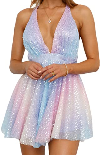 Damen Glitzer Pailletten Neckholder Minikleid Glänzend Tiefer V-Ausschnitt Ärmellos Tie-Up Rückenfrei A-Linien Kleid Bunt Gestaffelt Party Clubwear (Multi-Color, L)