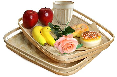 PEMAR Extra Large Bamboo Serving Trays with Handles, Set of 2 Measuring 19.3 x 13.8 Large Woven Dinner Tray, Rustic Wicker Rattan Tray Style for Eating, Bed Breakfast, Couch TV Lap Tray
