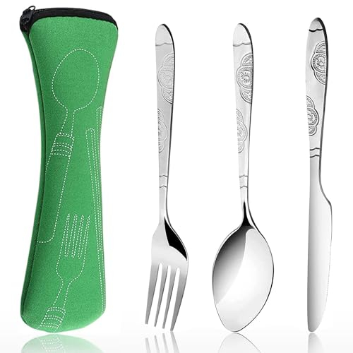3 Pezzi Posate Da Viaggio, Witbicg Set Posate Da Campeggio Posate Trekking Posate Campeggio Acciaio Inox Cucchiaio, Forchetta, Coltello Adatto Per Escursioni In Campeggio, Picnic () (verde)