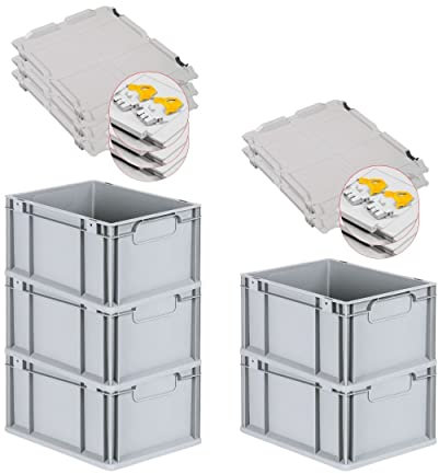 PROREGAL SuperSparSet 5x Eurobox NextGen Economy mit Scharnierdeckel & gelben Verschlüssen | Griffe geschlossen | HxBxT 22x30x40cm | 20 Liter | Eurobehälter Transportbox Transportbehälter