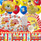 Doyomtoy 75 Pcs Zirkus Kindergeburtstag Geschirr Set,rot und weiß gestreiftes Zelt,Party-Dekorationen Zirkus Geschirr Teller,Tassen, Servietten,Luftballons Tischdecken,Party-Dekorationen
