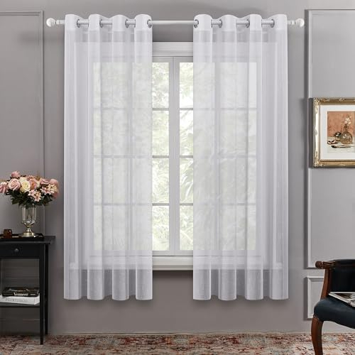 Deconovo Voile Durchsichtig Vorhang mit Ösen Transparent Dekoschal Leinenoptik Luftige Gardinen Kinderzimmer, 215x140cm(HöhexBreite), Weiß, 2er Set