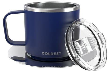 Stackable Insulated Espresso Cup with Saucer by Coldest - Insulated Triple Wall Travel Stainless Steel Travel Double Shot Espresso Coffee Mug with Sliding Lid (4 oz, Dark Blue)