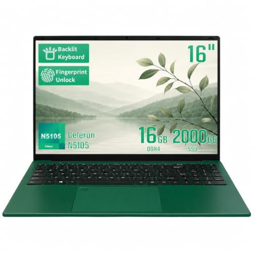 UDKED 16 Inch Laptop, FHD 1920x1200 IPS Display, Win11 Pro Celeron N5105(Up to 2.9GHz), 16GB DDR4 RAM 2TB SSD, Lightweight Notebook Computer with Backlit Keyboard & Fingerprint Unlock,Green