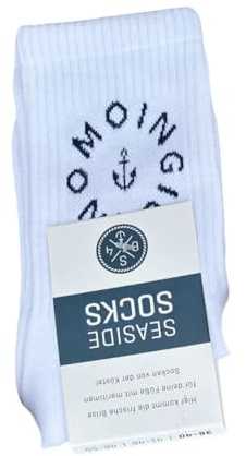 Seaside No.64 Socken mit maritimer Botschaft – verschiedene Ausführungen | Tennissocken im nordischen Stil - farbige Strümpfe mit Schriftzug - Unisex auch für alle Landratten – Seaside No.64