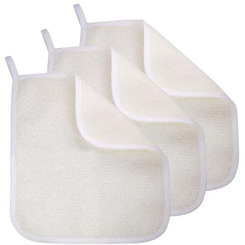 Paño exfoliante (paquete de 3), paño de ducha para exfoliante corporal y facial, dos lados exfoliantes de ducha, paños de lavado de nailon y algodón, esponja de lufa, estropajos para el cuerpo