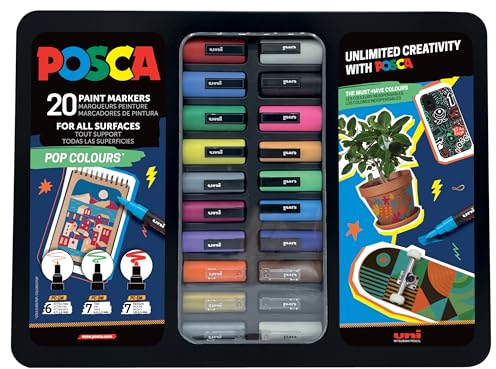 POSCA - Uniposca Set Completo, Valigetta Colori per Bambini e Artisti per Ogni Superficie, 20 Pennarelli Acrilici Punta Fine, Extra Fine e Media Anche per Tessuti, Lavabili su Vetro e Acquerellabili