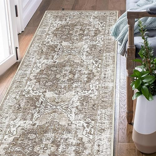 TOPICK Läufer Teppich 60x180cm Braun Wohnzimmerteppich Vintage Multi Blumendruck rutschfest Dünner Waschbar Teppich Bodenbelag Faltbar für Innenbereich Büro Schlafzimmer Küche