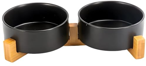 WYZ Futternapf Hund Keramik, erhöhter Hundenapf mit Bambusständer und rutschfestem, Katzen und Hunde Futter- und Wassernapf, Doppel Futternapf (850ml x2, Schwarz)