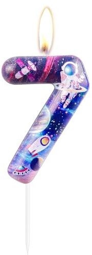 Happy Birthday Candles in Space, Glitter Cake Topper Party Supplies Rocket Space Birthday Cake Decorations for Baby Shower and Children's Birthday Party Supplies(Number 7)